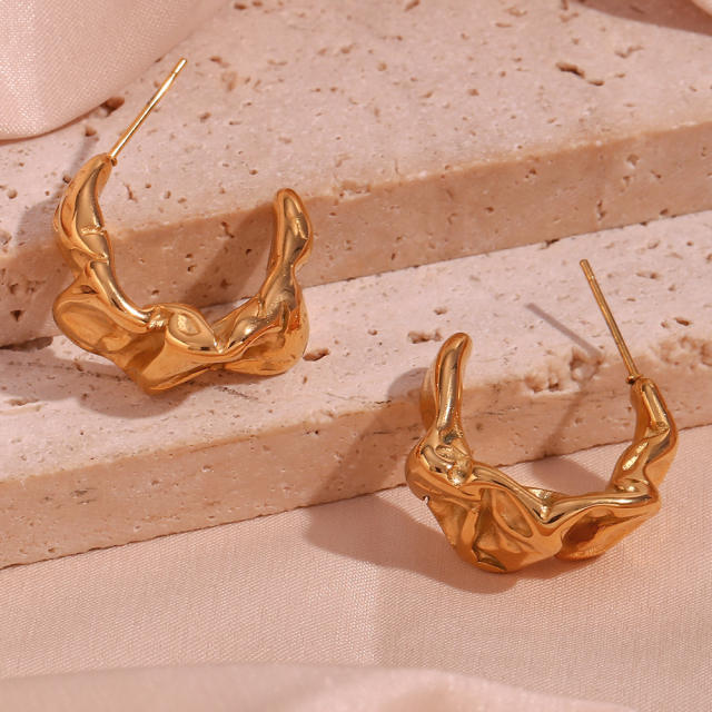 Chunky 18KG fold pattern stainless steel open hoop earrings