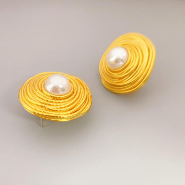 925 needle vintage round shape pearl 18KG copper studs earrings