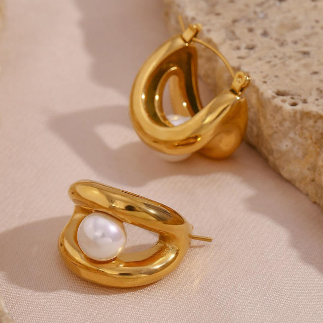 18K gold plated chunky two line pearl bead stainless steel earrings