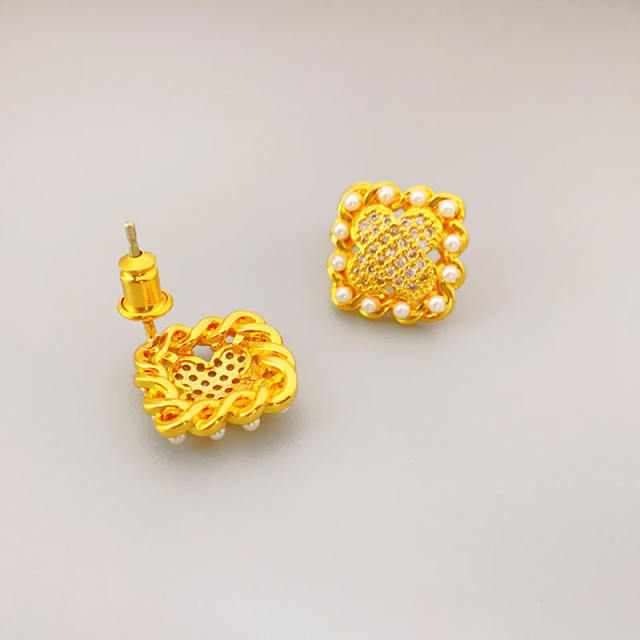 925 needle elegant cubic zircon 18K gold plated sqaure clover studs earrings