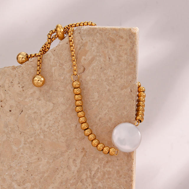18KG stainless steel bead baroque pearl slide bracelet