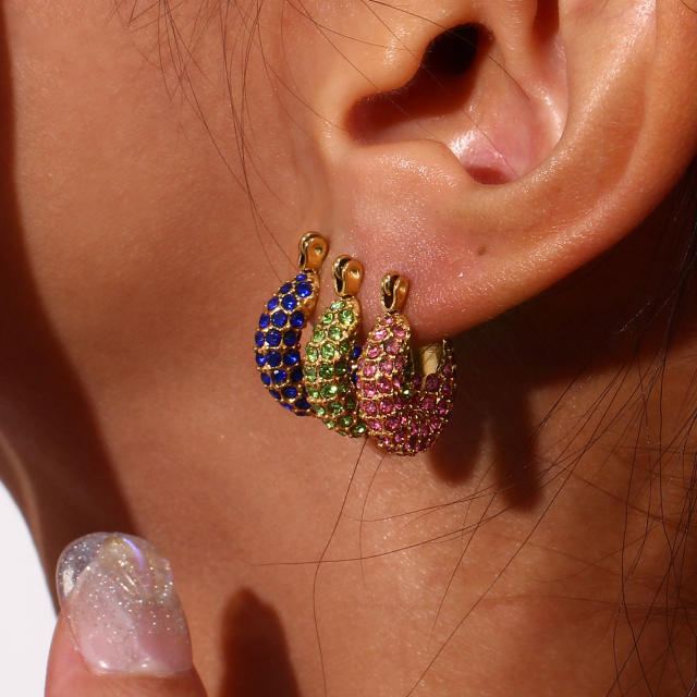 18K colorful rhinestone pave setting stainless steel huggie earrings
