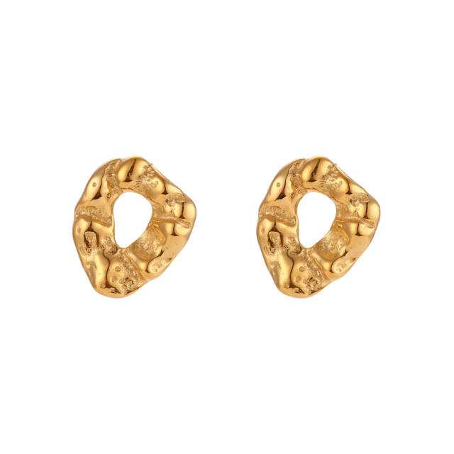 Vintage chunky fold pattern geometric circle stainless steel studs earrings