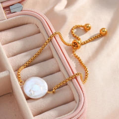 18KG baroque pearl stainless steel slide bracelet