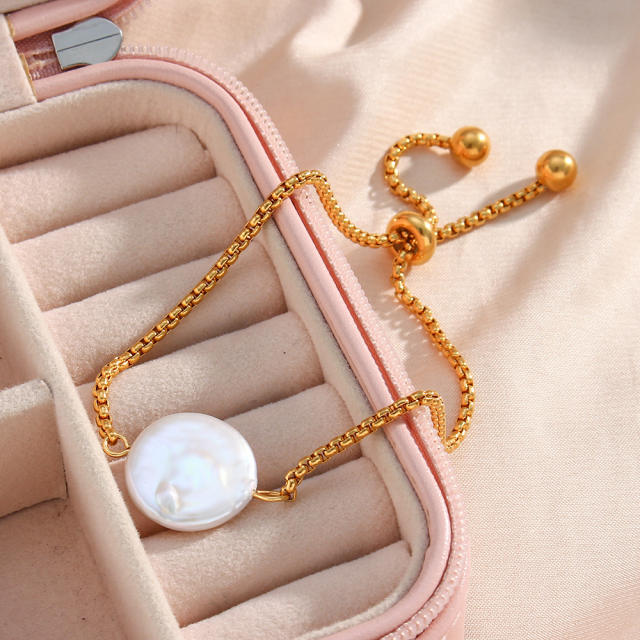 18KG baroque pearl stainless steel slide bracelet