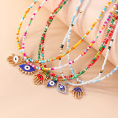 Boho colorful seed bead evil eye charm choker necklace