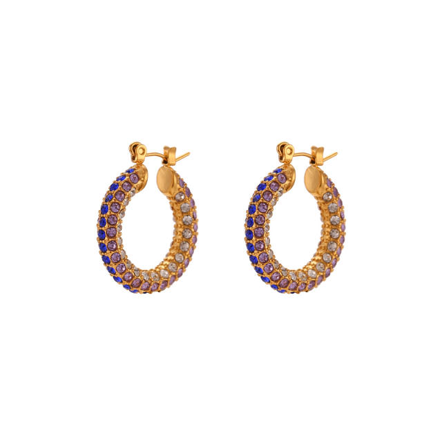 18K colorful rhinestone pave setting stainless steel huggie earrings