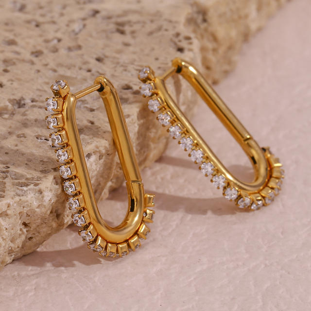 Delicate U shape stainless steel diamond hoop earrings