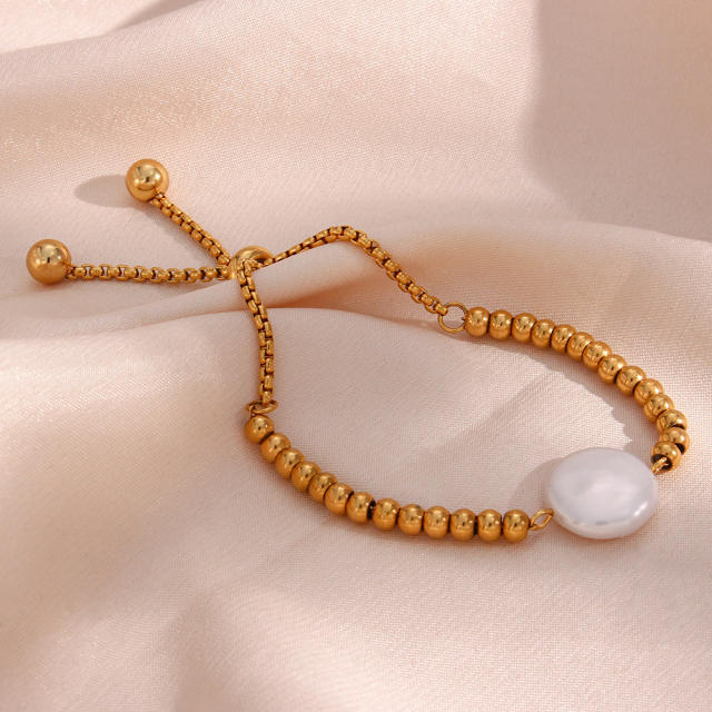 18KG stainless steel bead baroque pearl slide bracelet
