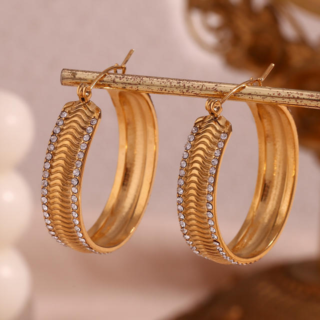 18K rhinestone line chunky stainless steel hoop earrings