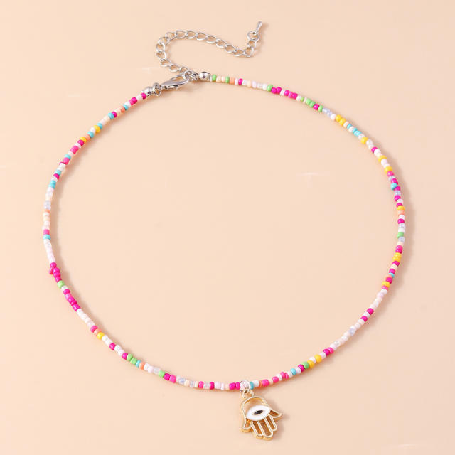 Boho colorful seed bead evil eye charm choker necklace