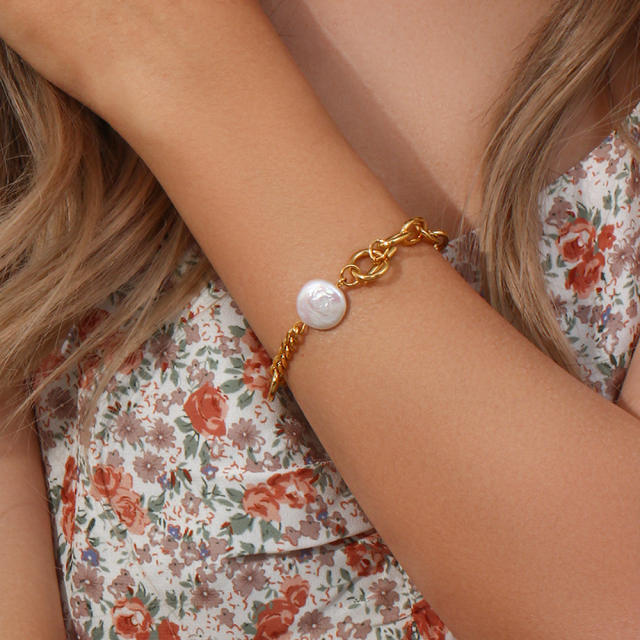 Baroque pearl stainless steel cable chain Asymmetric Bracelet