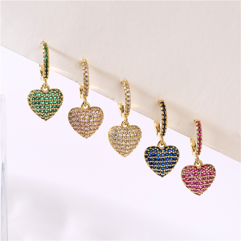 Delicate pave setting colorful rhinestone heart copper huggie earrings