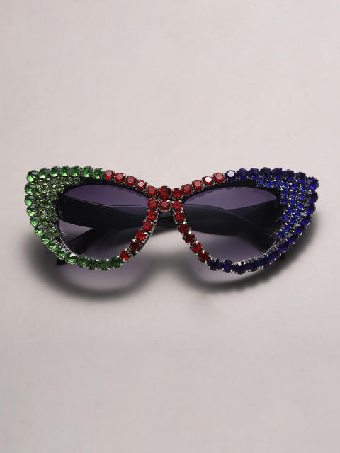 Personality luxury color glass crystal cat eye shape diamond sunglasses