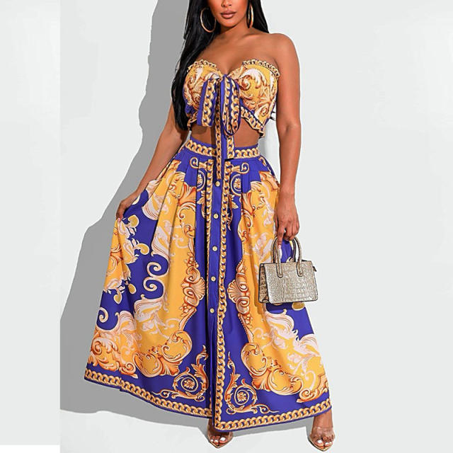 Natioanl trend off shoulder cropped tops maxi skirt set