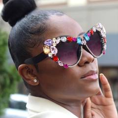 Personality luxury color glass crystal cat eye shape diamond sunglasses