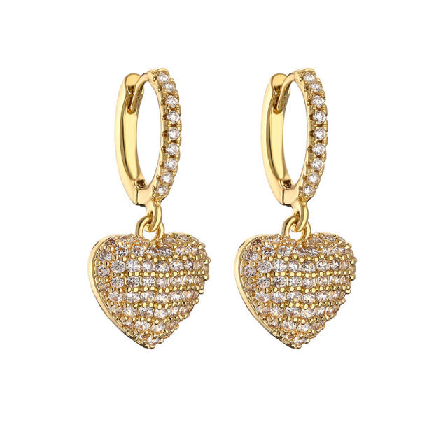 Delicate pave setting colorful rhinestone heart copper huggie earrings