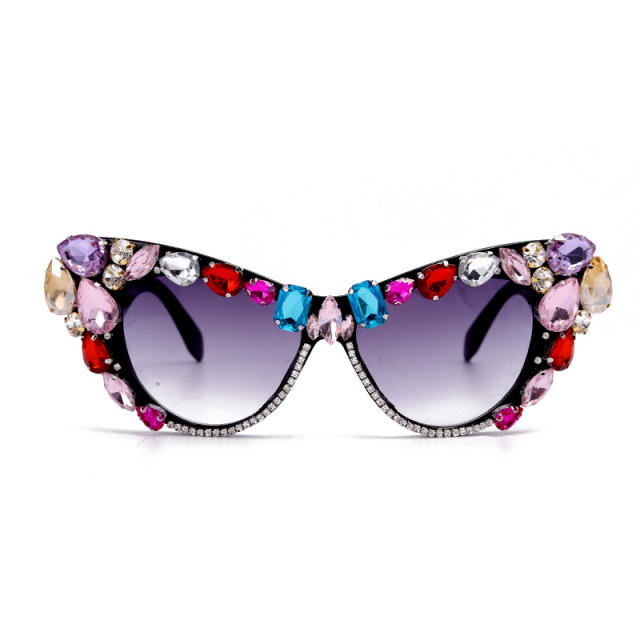 Personality luxury color glass crystal cat eye shape diamond sunglasses