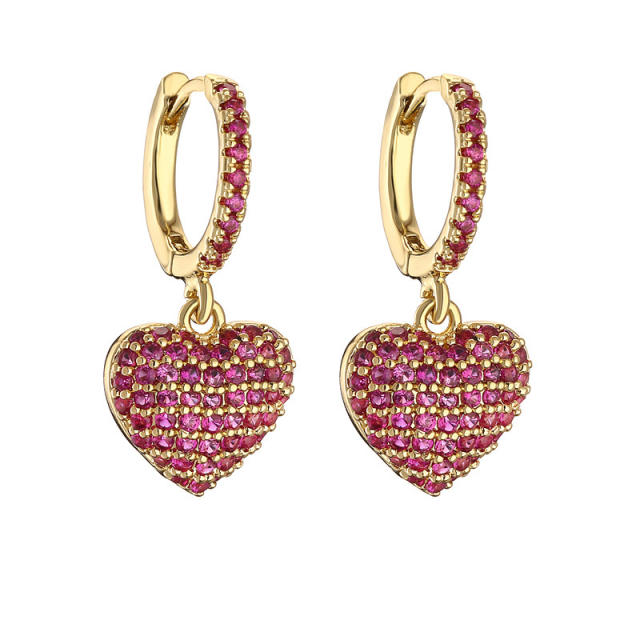 Delicate pave setting colorful rhinestone heart copper huggie earrings