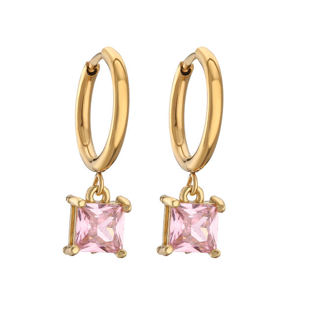 Candy color cubic zircon drop copper huggie earrings