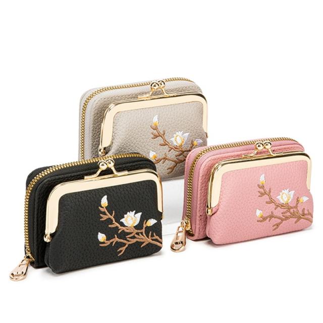 Elegant embroidery PU leather mini card holder wallet purse