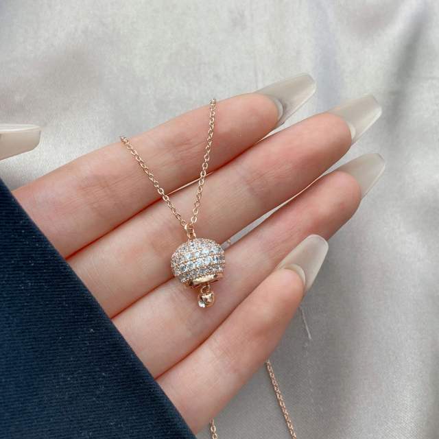 Cute full diamond bell pendant copper dainty necklace