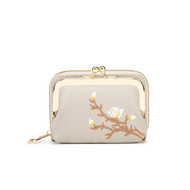 Elegant embroidery PU leather mini card holder wallet purse