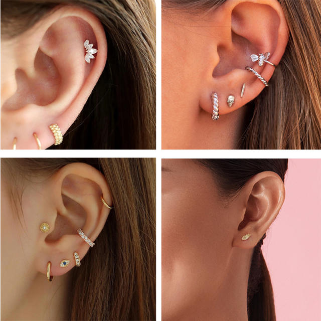 Ins delicate cubic zircon evil eye 925 sterling silver cartilage earrings(1pcs price)