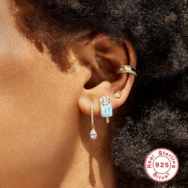 925 sterling silver cream design enamel studs earrings
