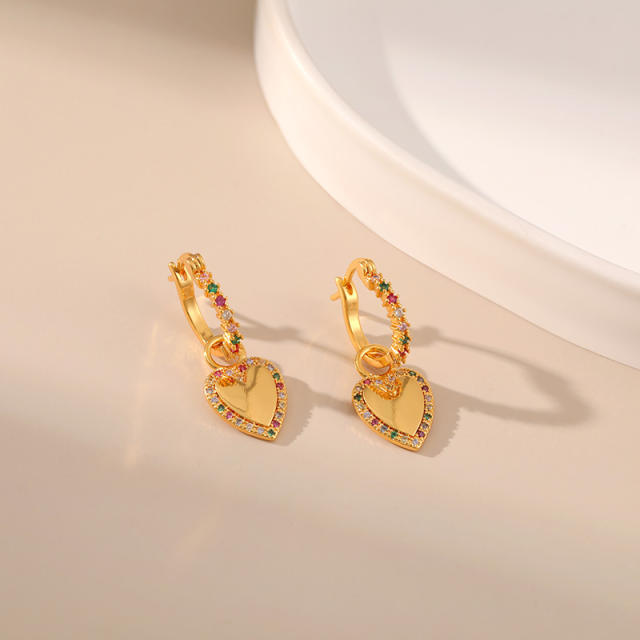 18K real gold plated heart rainbow cz copper huggie earrings