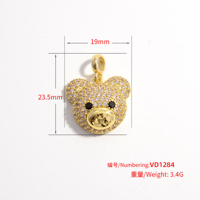 Cute pave setting cubic zircon cute teddy bear head copper pendant diy jewelry