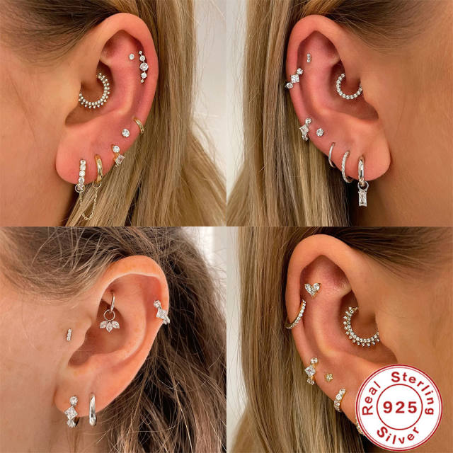925 sterling silver piercing earrings cubic zircon huggie earrings 1pcs
