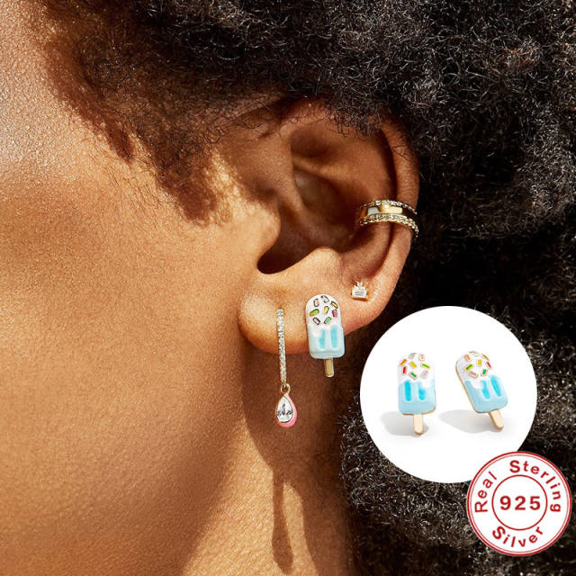 925 sterling silver cream design enamel studs earrings
