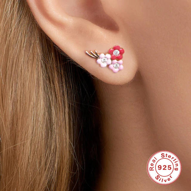 925 sterling silver enamel flower petal cute studs earrings