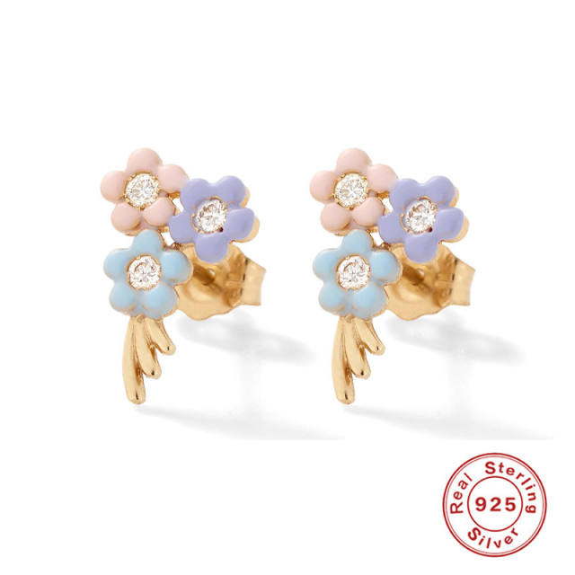 925 sterling silver enamel flower petal cute studs earrings