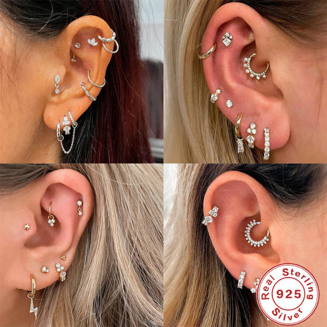 925 sterling silver piercing earrings cubic zircon huggie earrings 1pcs