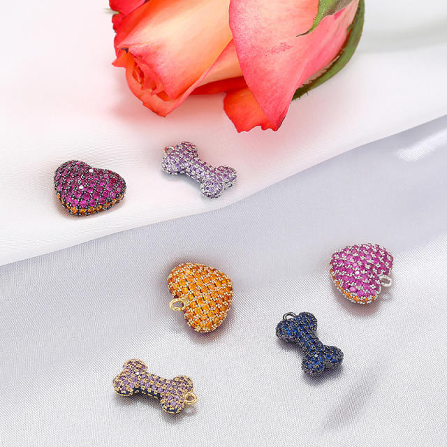 Delicate pave setting cubic zircon heart bone copper pendant diy jewelry 1PCS
