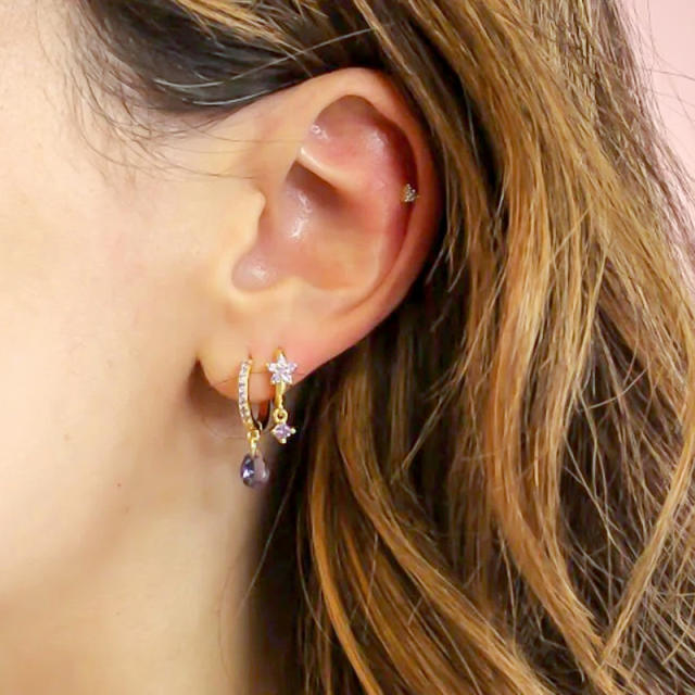 925 needle elegant colorful cubic zircon drop copper huggie earrings
