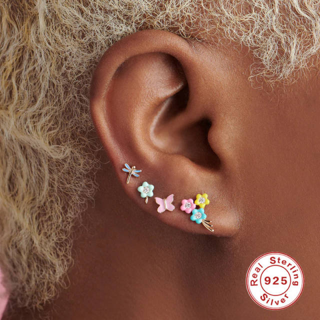 925 sterling silver enamel flower petal cute studs earrings