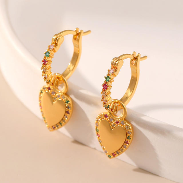 18K real gold plated heart rainbow cz copper huggie earrings