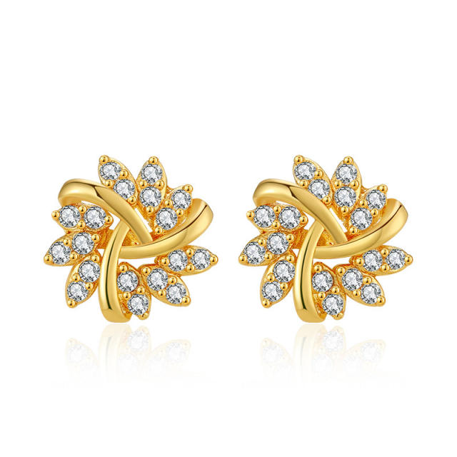 18K gold plated diamond heart moon flower copper studs earrings