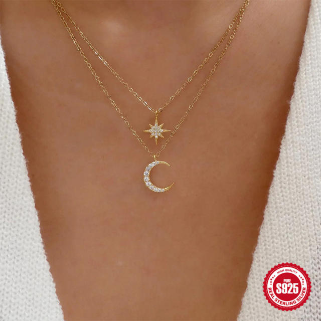 925 sterling silver two layer diamond moon star dainty necklace