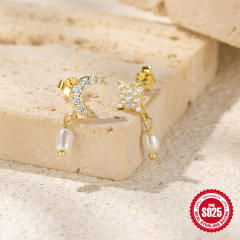 925 sterling silver pearl drop moon star Asymmetric earrings