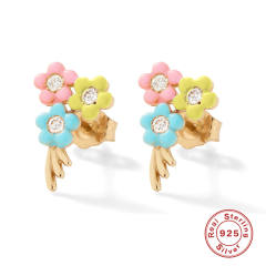925 sterling silver enamel flower petal cute studs earrings
