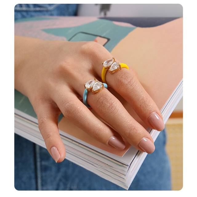 Y2K blue yellow enamel copper cubic zircon finger rings