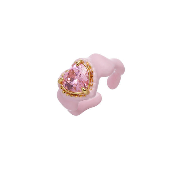 Y2K sweet pink color enamel copper heart finger rings