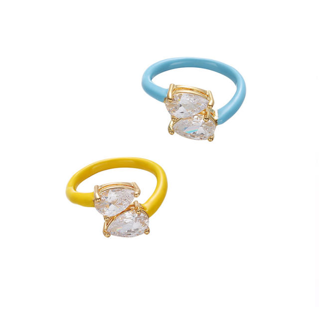 Y2K blue yellow enamel copper cubic zircon finger rings