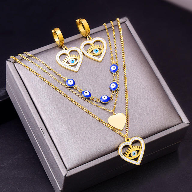 Vintage heart pendant evil eye stainless steel necklace earrings