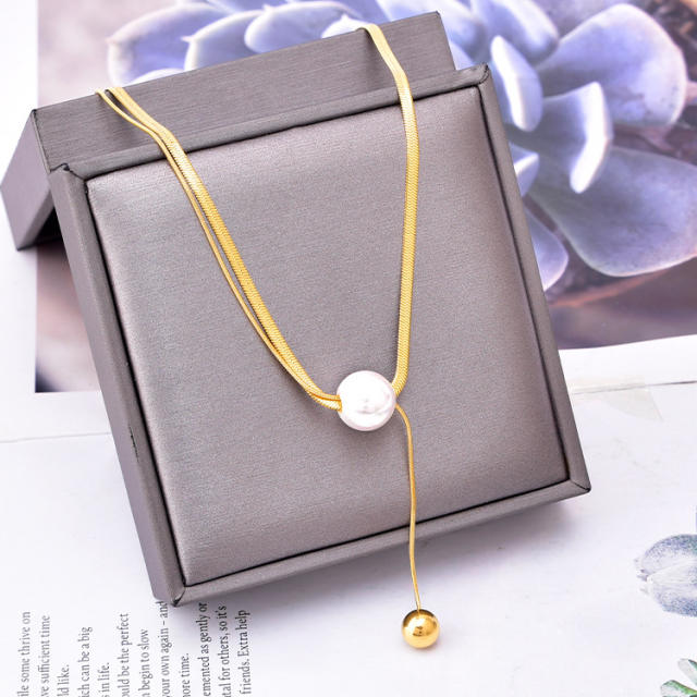 Korean fashion snake chain one pearl stainless steel necklace
