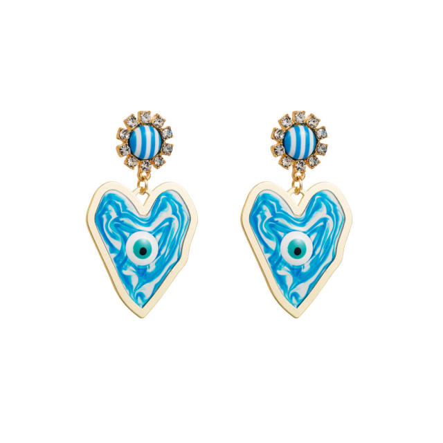 Chunky heart colorful evil eye alloy earrings